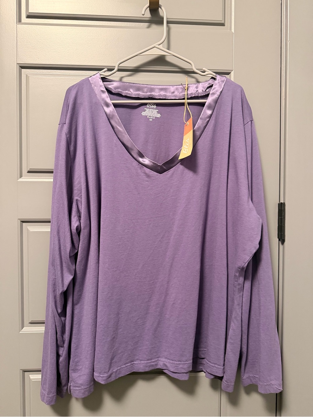 Blis Lavender V-Neck Long Sleeve Sleep Top with Satin Trim 5X